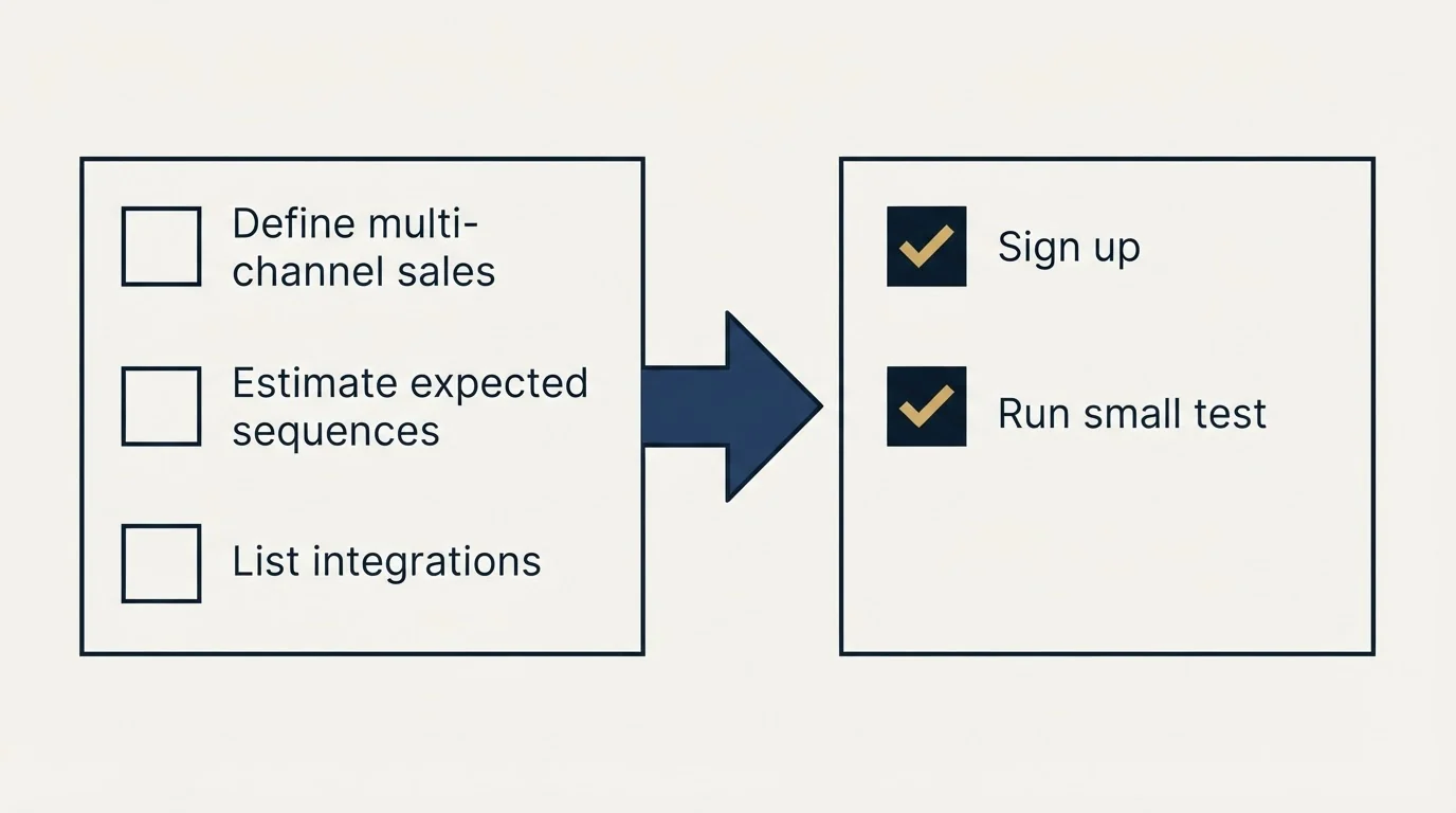 Before-and-after steps: Getting Started Checklist (Define multi-channel sales, Estimate expected sequences, List integrations, Sign up)