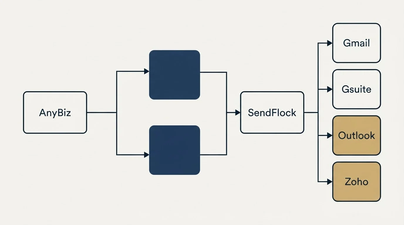 Integration flow: Integration Ecosystem (AnyBiz, SendFlock, Gmail, Gsuite)