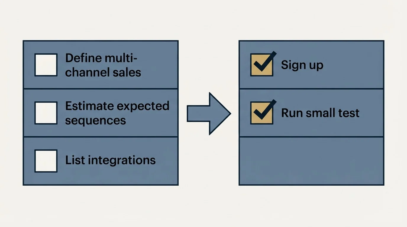 Before-and-after steps: Getting Started Checklist (Define multi-channel sales, Estimate expected sequences, List integrations, Sign up)