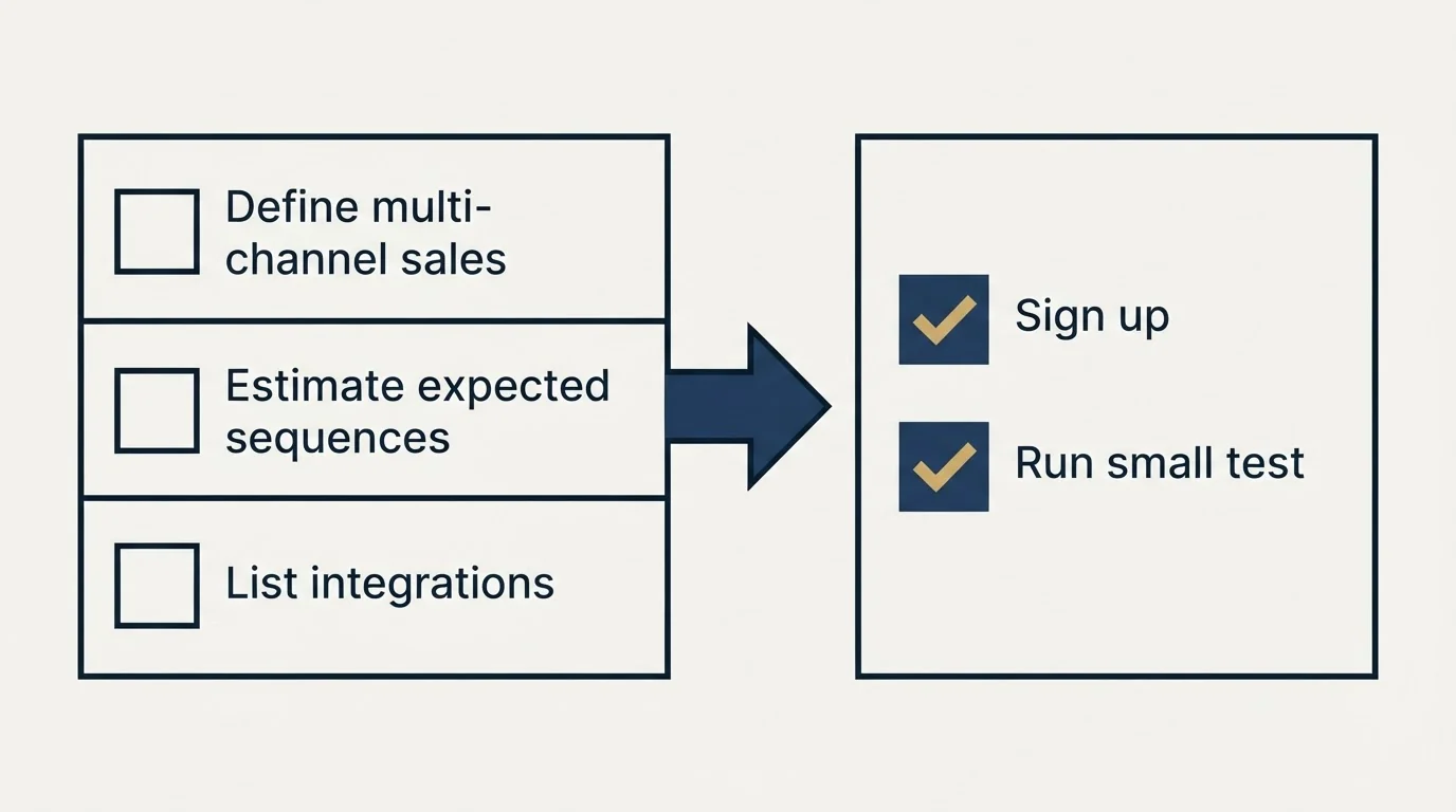Before-and-after steps: Getting Started Checklist (Define multi-channel sales, Estimate expected sequences, List integrations, Sign up)