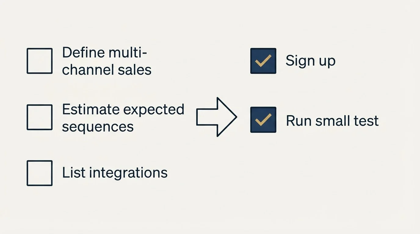 Before-and-after steps: Getting Started Checklist (Define multi-channel sales, Estimate expected sequences, List integrations, Sign up)