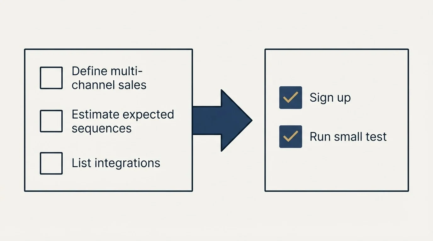 Before-and-after steps: Getting Started Checklist (Define multi-channel sales, Estimate expected sequences, List integrations, Sign up)