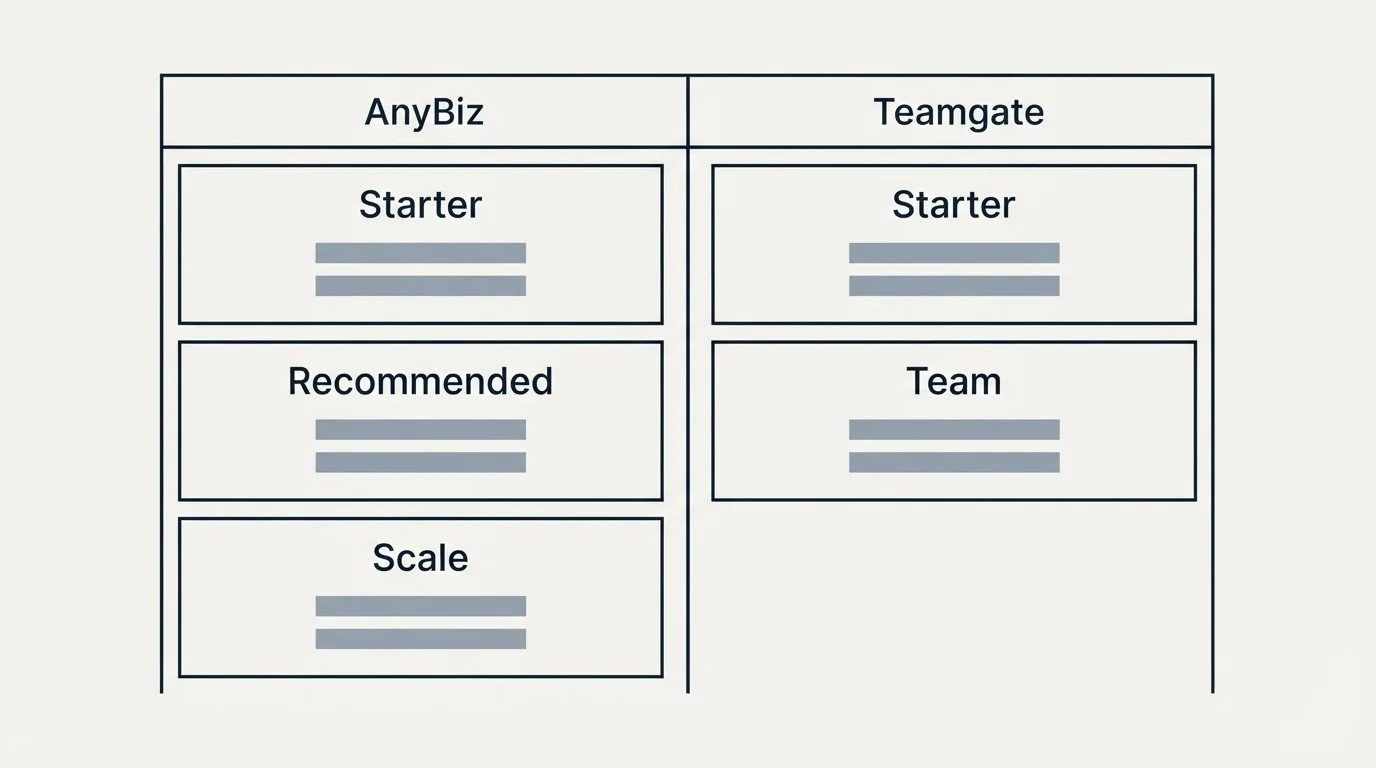 Pricing table: Pricing Comparison (AnyBiz, Teamgate, Starter, Recommended)