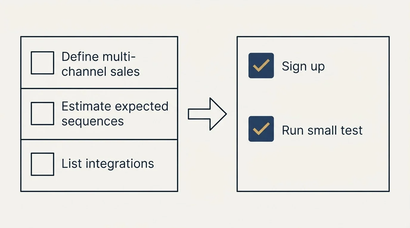 Before-and-after steps: Getting Started Checklist (Define multi-channel sales, Estimate expected sequences, List integrations, Sign up)