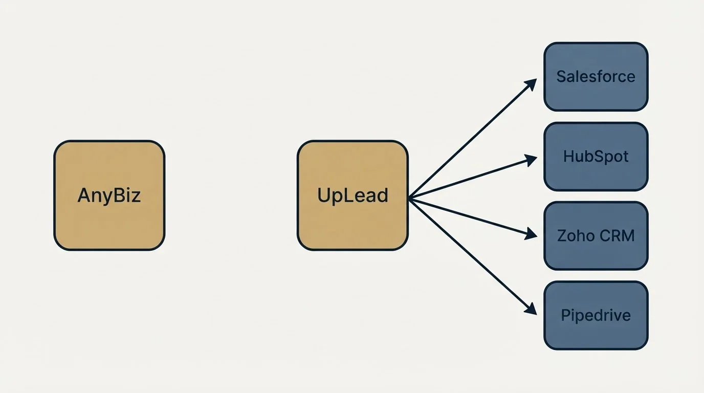 Integration schematic: Integration Ecosystem (AnyBiz, UpLead, Salesforce, HubSpot)