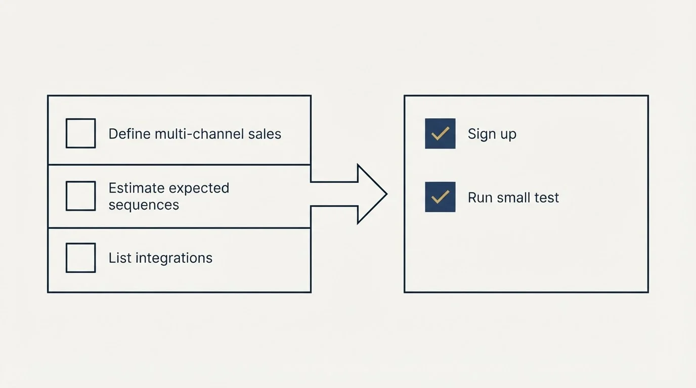 Before-and-after steps: Getting Started Checklist (Define multi-channel sales, Estimate expected sequences, List integrations, Sign up)
