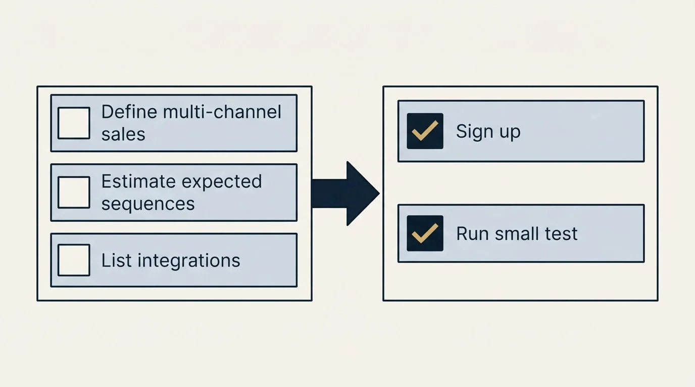 Before-and-after steps: Getting Started Checklist (Define multi-channel sales, Estimate expected sequences, List integrations, Sign up)
