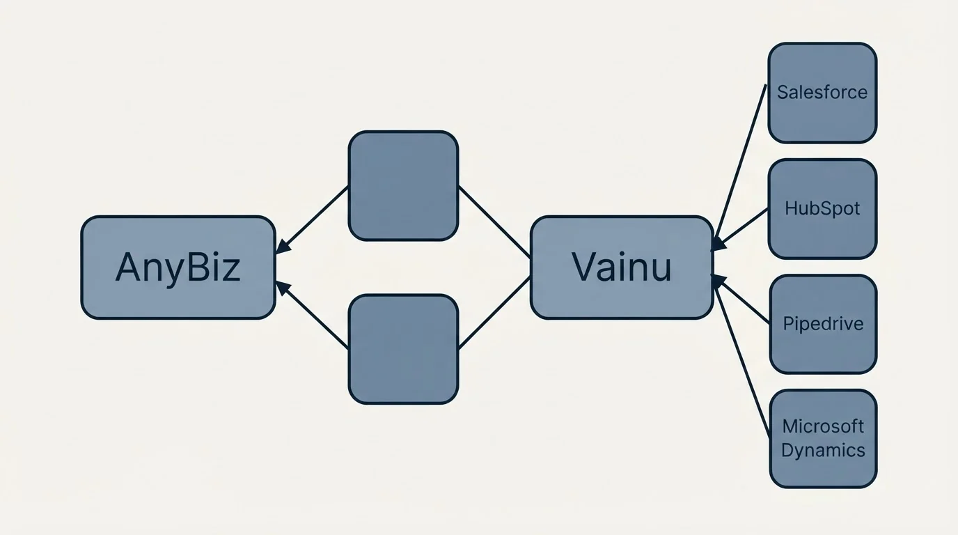 Integration schematic: Integration Ecosystem (AnyBiz, Vainu, Salesforce, HubSpot)