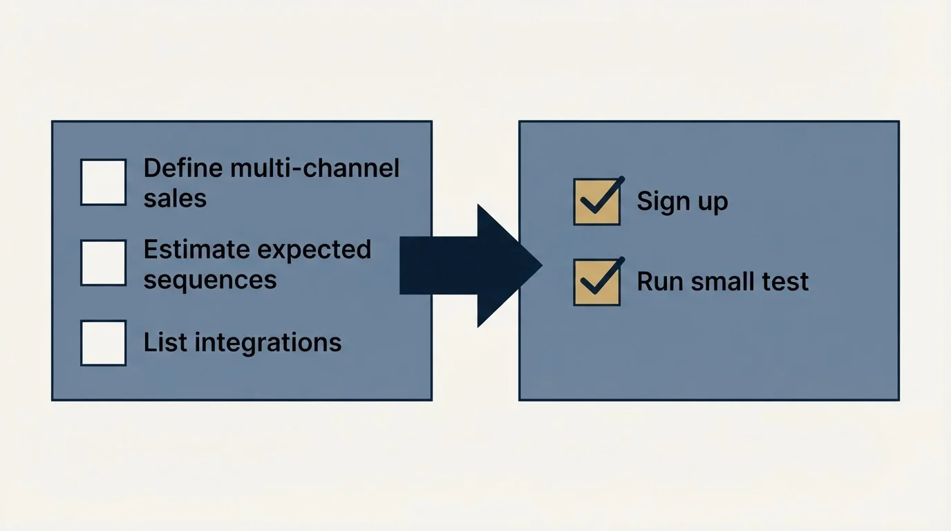 Before-and-after steps: Getting Started Checklist (Define multi-channel sales, Estimate expected sequences, List integrations, Sign up)