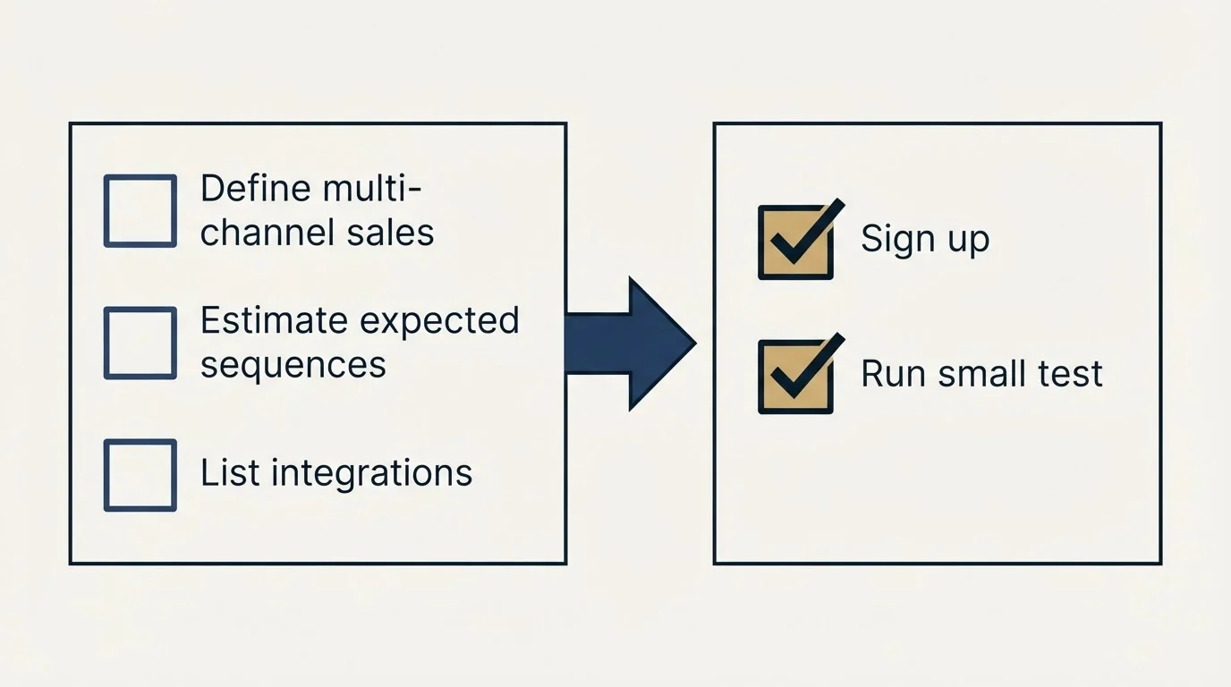 Before-and-after steps: Getting Started Checklist (Define multi-channel sales, Estimate expected sequences, List integrations, Sign up)