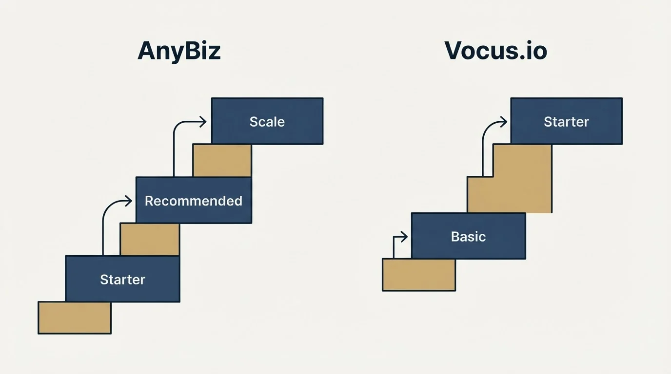 Pricing ladder: Pricing Comparison (AnyBiz, Vocus.io, Starter, Basic)