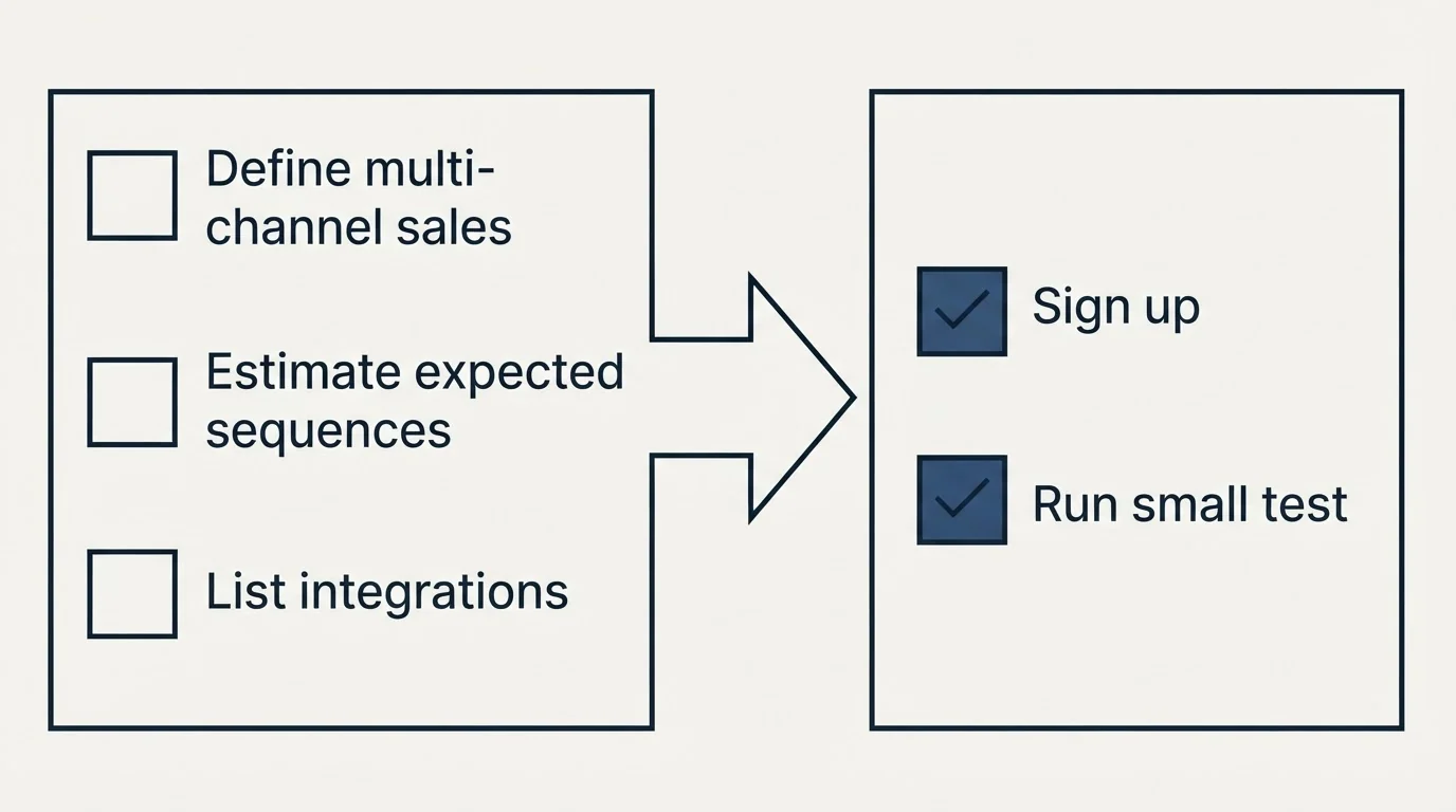 Before-and-after steps: Getting Started Checklist (Define multi-channel sales, Estimate expected sequences, List integrations, Sign up)