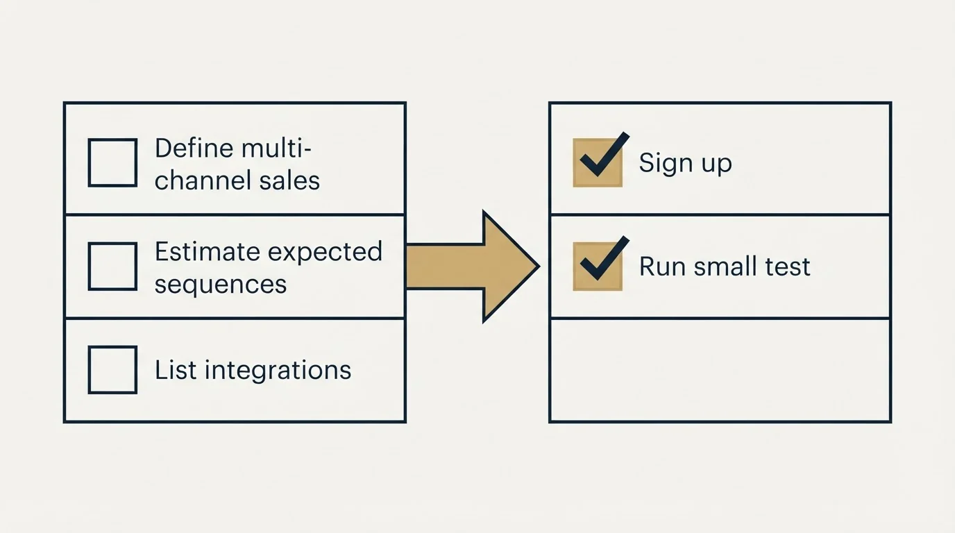 Before-and-after steps: Getting Started Checklist (Define multi-channel sales, Estimate expected sequences, List integrations, Sign up)