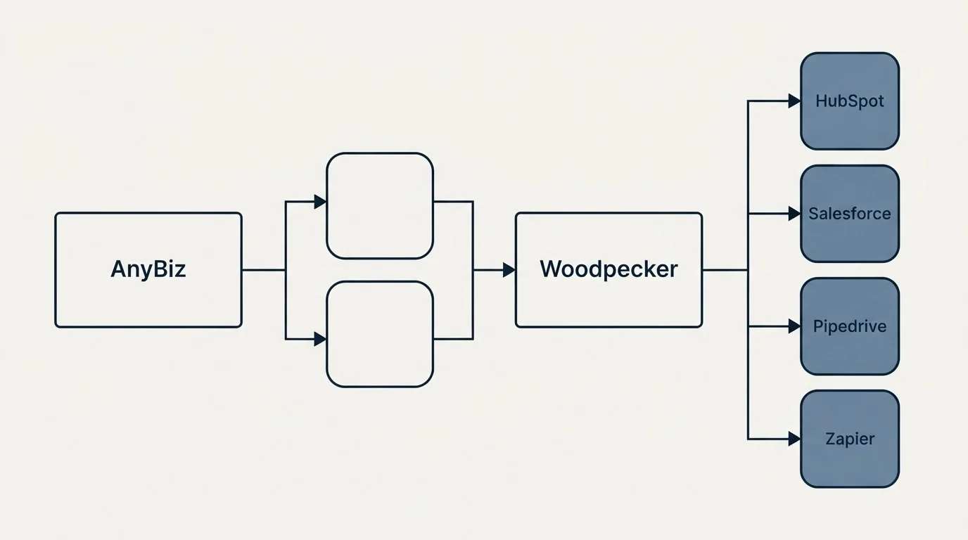 Integration flow: Integration Ecosystem (AnyBiz, Woodpecker, HubSpot, Salesforce)