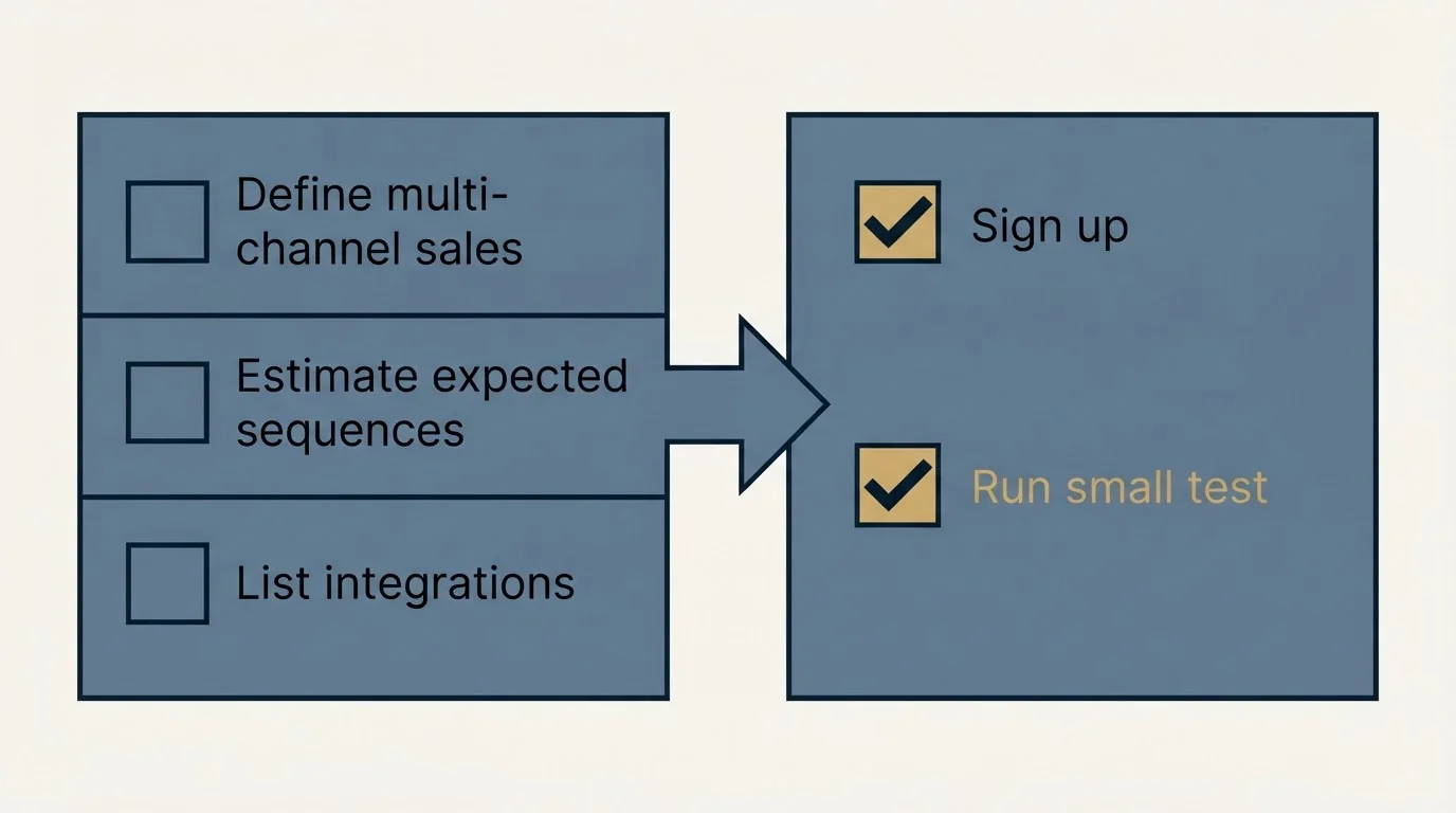 Before-and-after steps: Getting Started Checklist (Define multi-channel sales, Estimate expected sequences, List integrations, Sign up)
