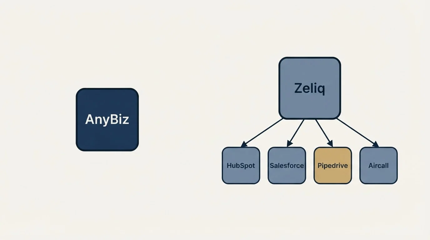 Integration schematic: Integration Ecosystem (AnyBiz, Zeliq, HubSpot, Salesforce)