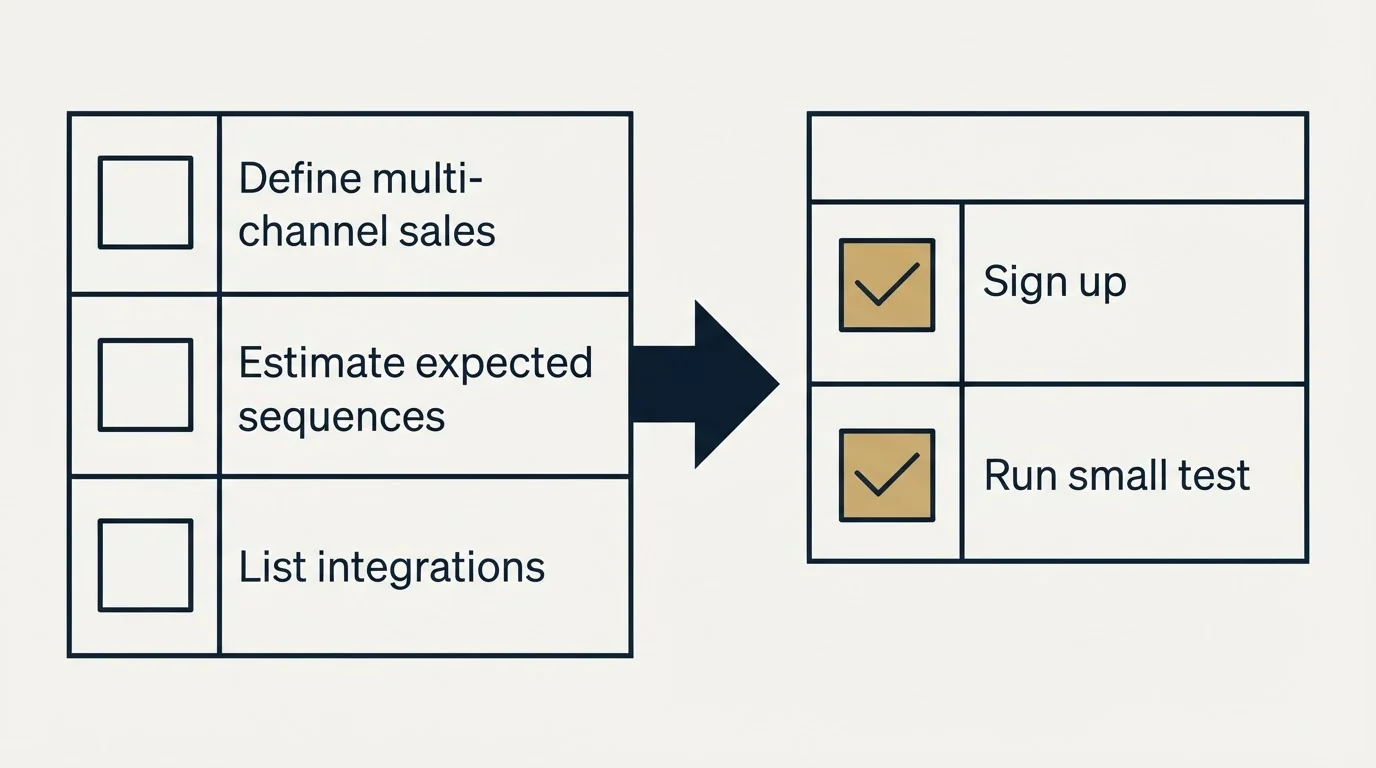 Before-and-after steps: Getting Started Checklist (Define multi-channel sales, Estimate expected sequences, List integrations, Sign up)