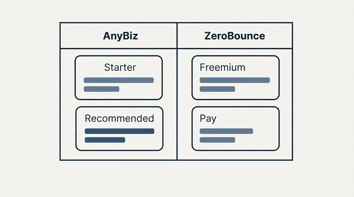 Pricing table: Pricing Comparison (AnyBiz, ZeroBounce, Starter, Freemium)