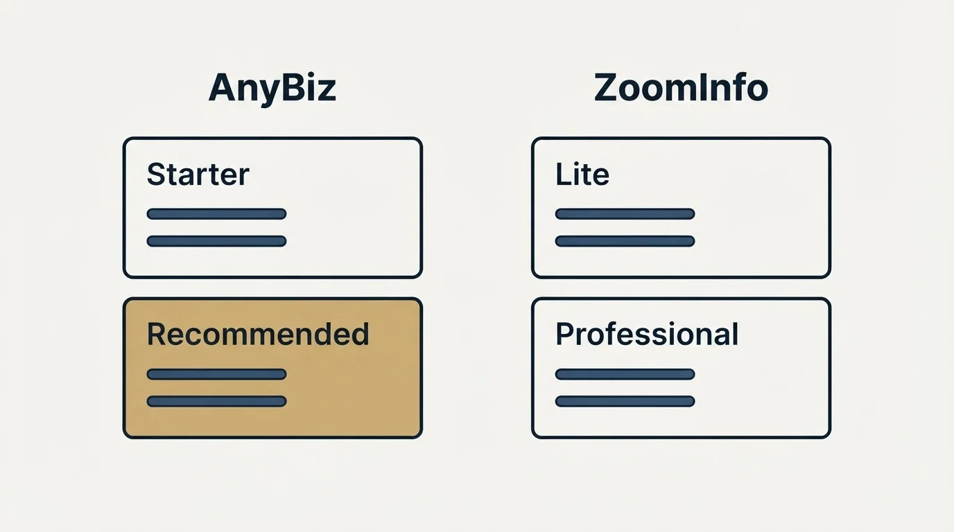 Pricing panels: Pricing Comparison (AnyBiz, ZoomInfo, Starter, Lite)