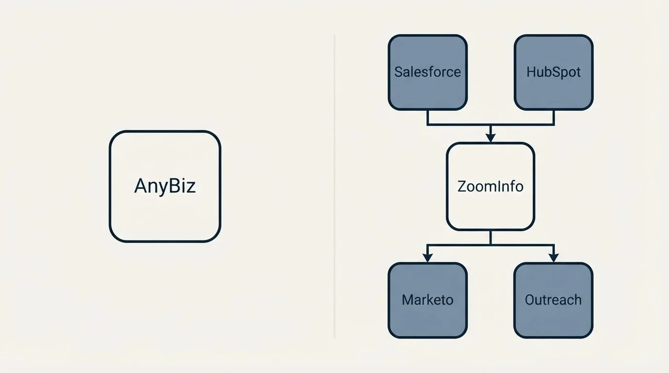 Integration schematic: Integration Ecosystem (AnyBiz, ZoomInfo, Salesforce, HubSpot)