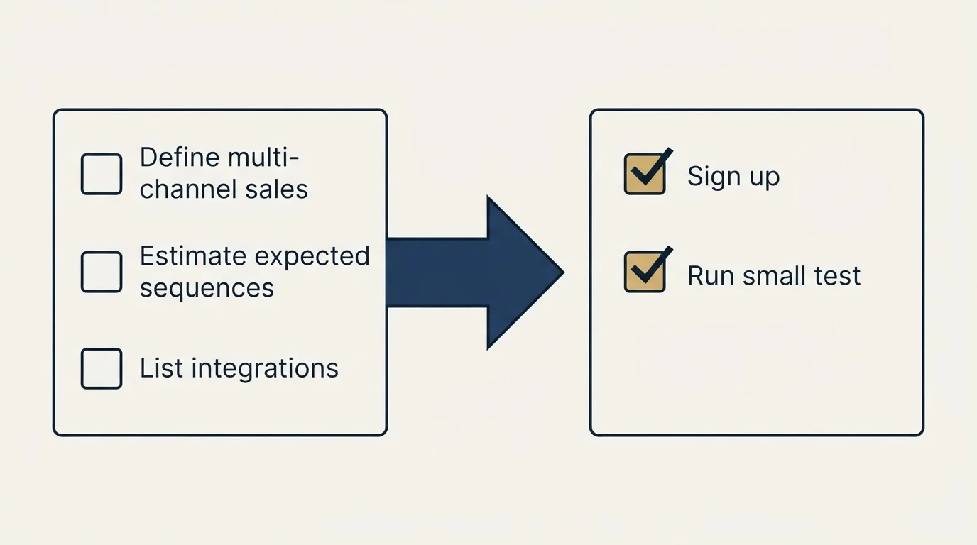 Before-and-after steps: Getting Started Checklist (Define multi-channel sales, Estimate expected sequences, List integrations, Sign up)
