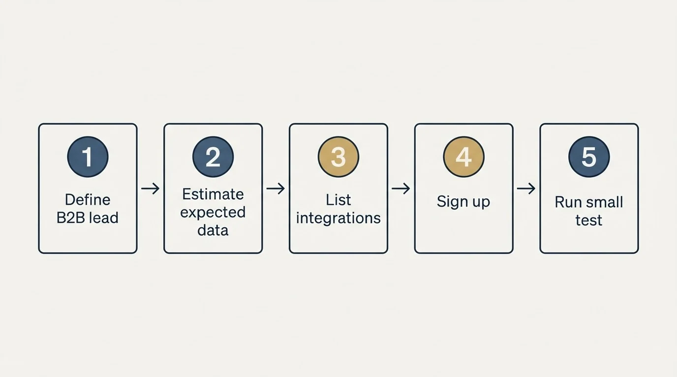 Step sequence: Getting Started Checklist (Define B2B lead, Estimate expected data, List integrations, Sign up)