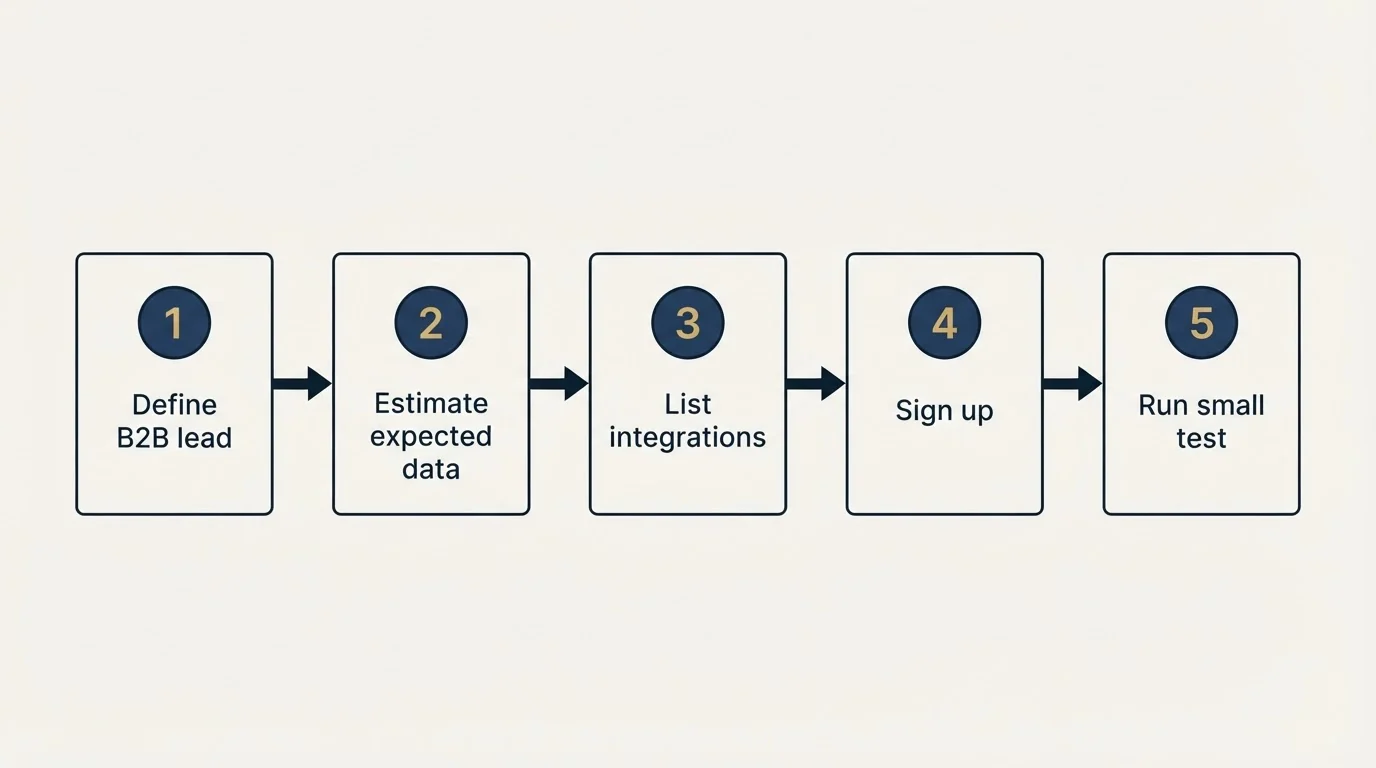 Step sequence: Getting Started Checklist (Define B2B lead, Estimate expected data, List integrations, Sign up)