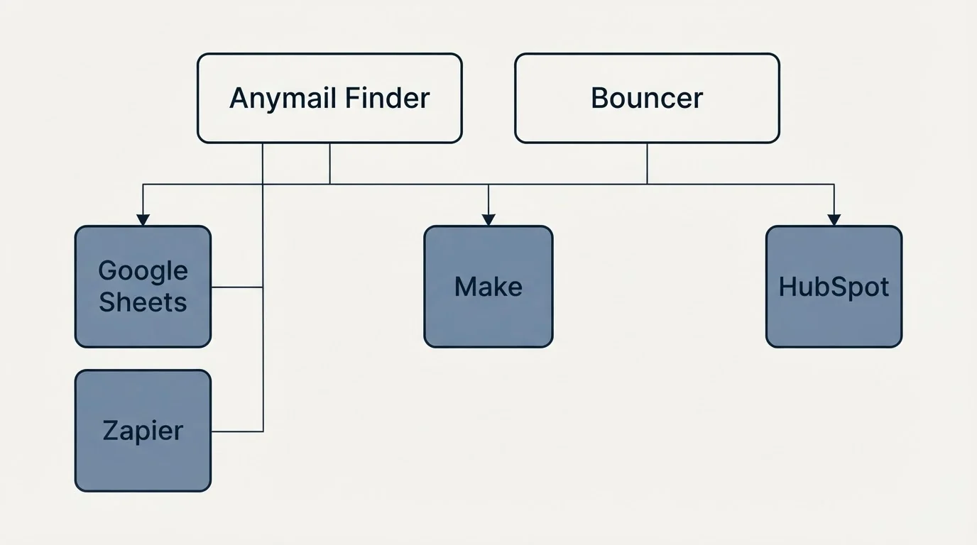 Integration grid: Integration Ecosystem (Anymail Finder, Bouncer, Make, Google Sheets)