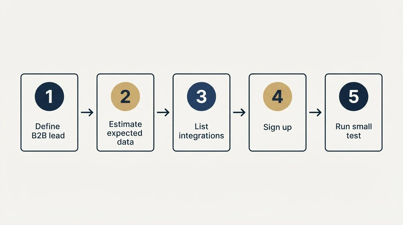 Step sequence: Getting Started Checklist (Define B2B lead, Estimate expected data, List integrations, Sign up)