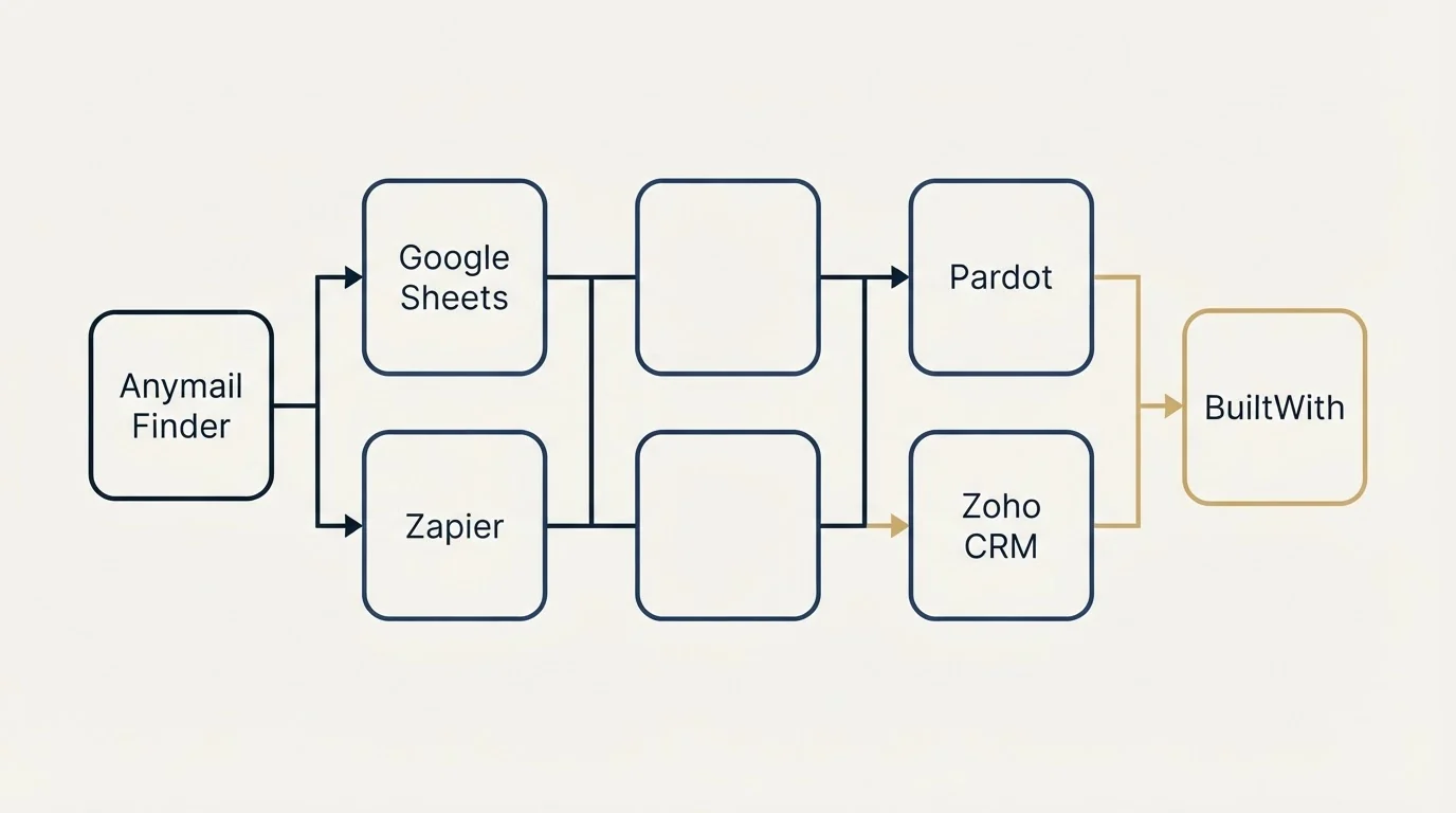 Integration flow: Integration Ecosystem (Anymail Finder, BuiltWith, Google Sheets, Pardot)