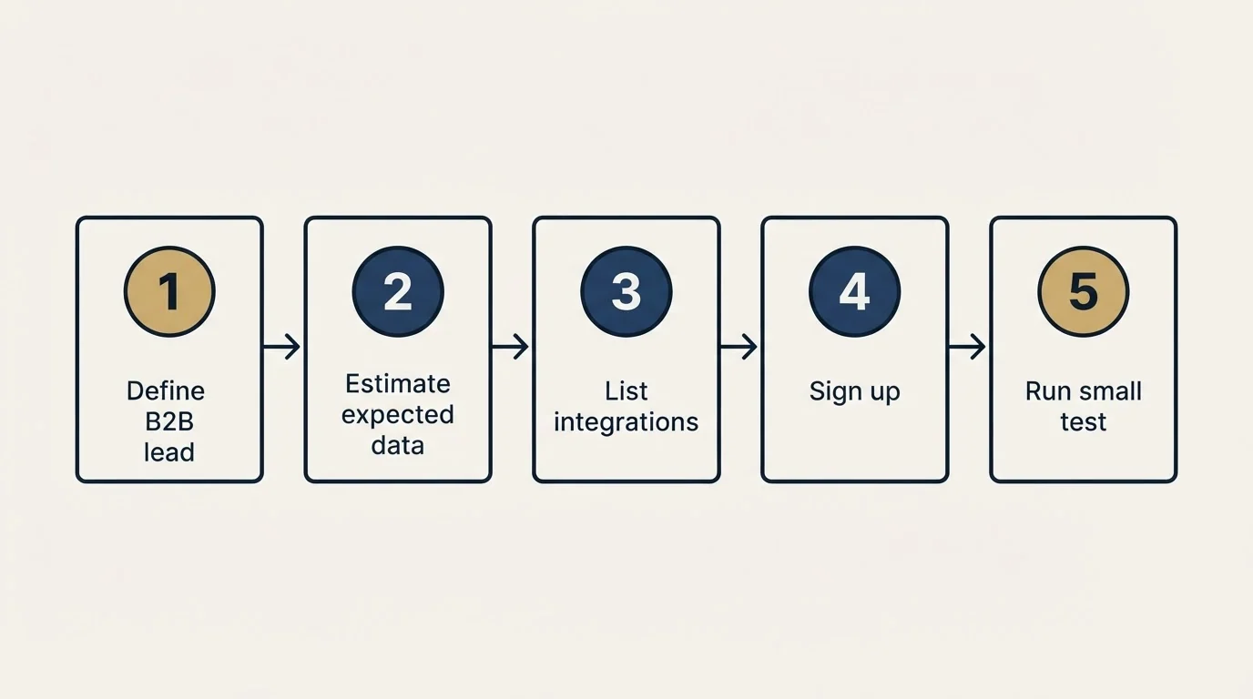 Step sequence: Getting Started Checklist (Define B2B lead, Estimate expected data, List integrations, Sign up)