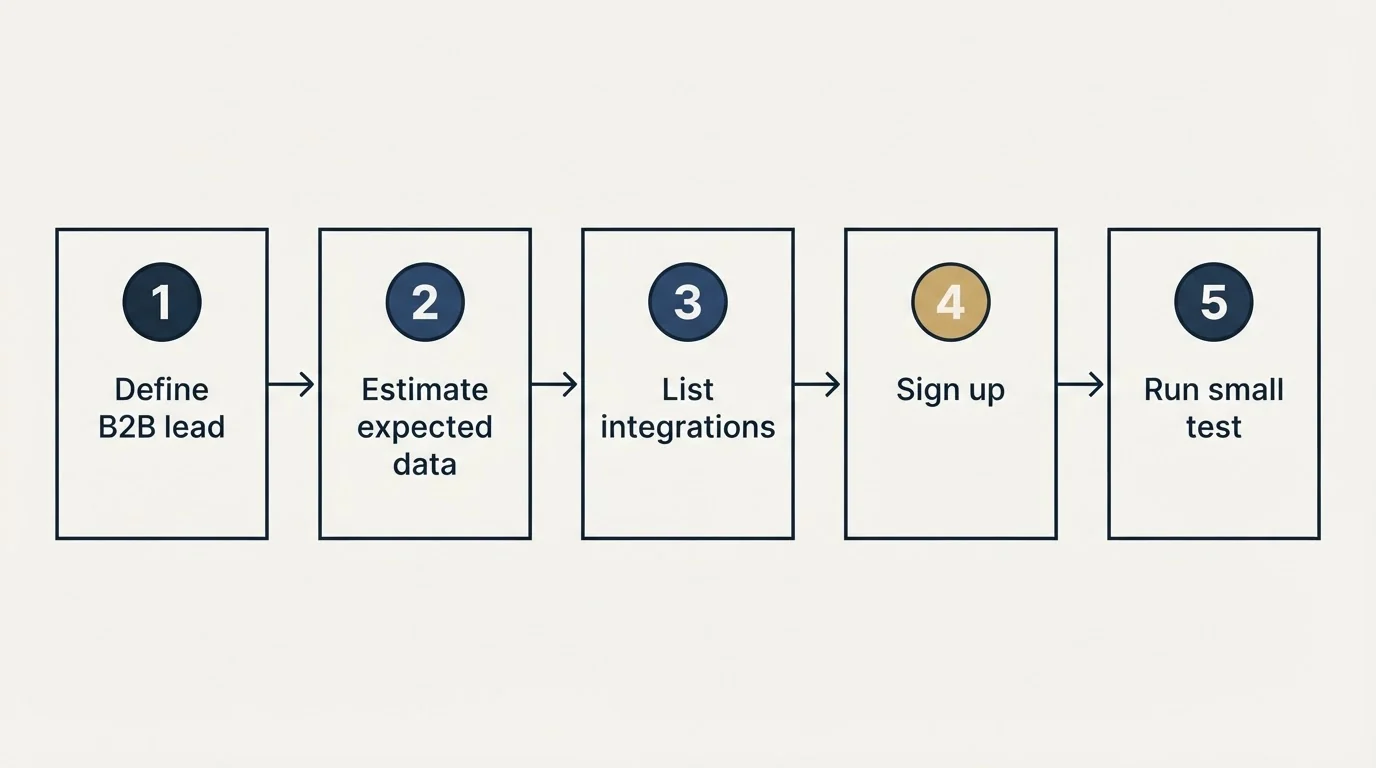 Step sequence: Getting Started Checklist (Define B2B lead, Estimate expected data, List integrations, Sign up)