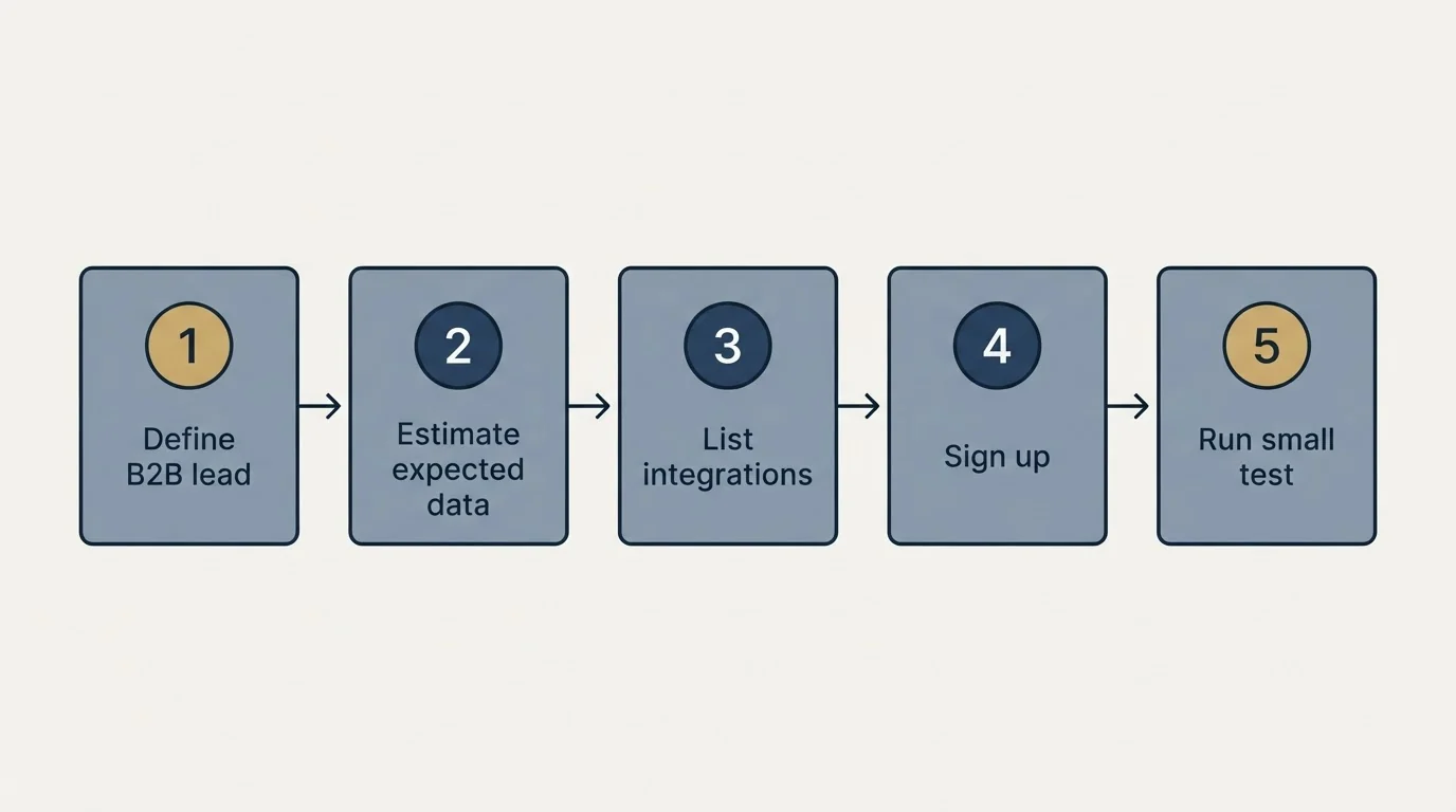 Step sequence: Getting Started Checklist (Define B2B lead, Estimate expected data, List integrations, Sign up)
