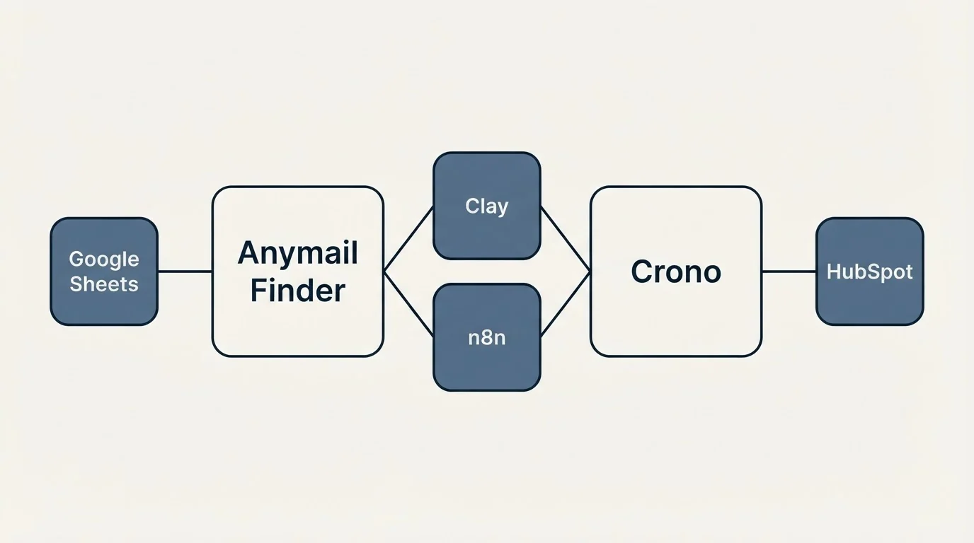 Integration schematic: Integration Ecosystem (Anymail Finder, Crono, Clay, n8n)