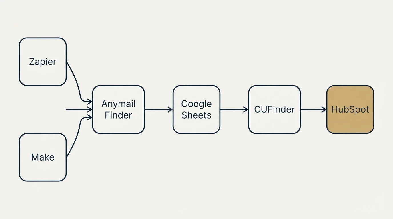 Integration schematic: Integration Ecosystem (Anymail Finder, CUFinder, Google Sheets, Zapier)