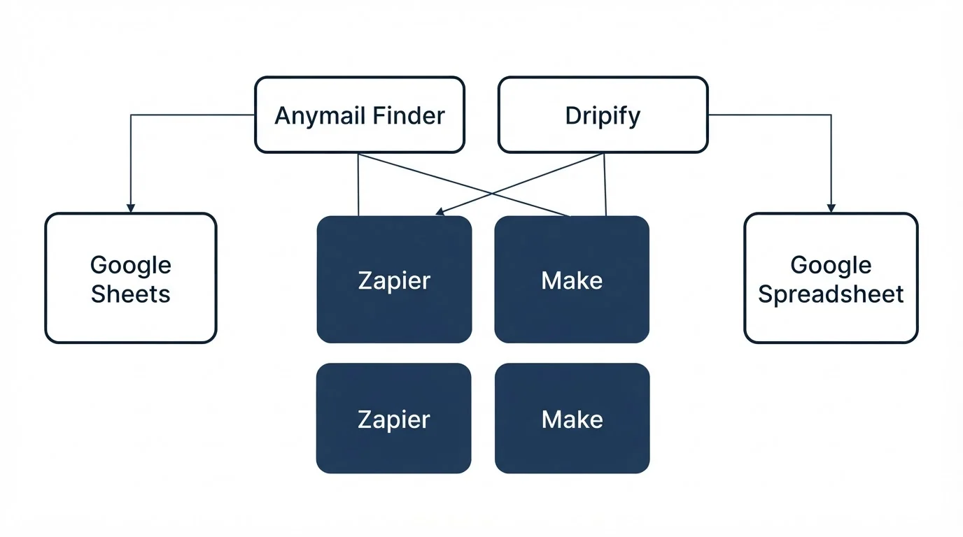 Integration grid: Integration Ecosystem (Anymail Finder, Dripify, Zapier, Make)