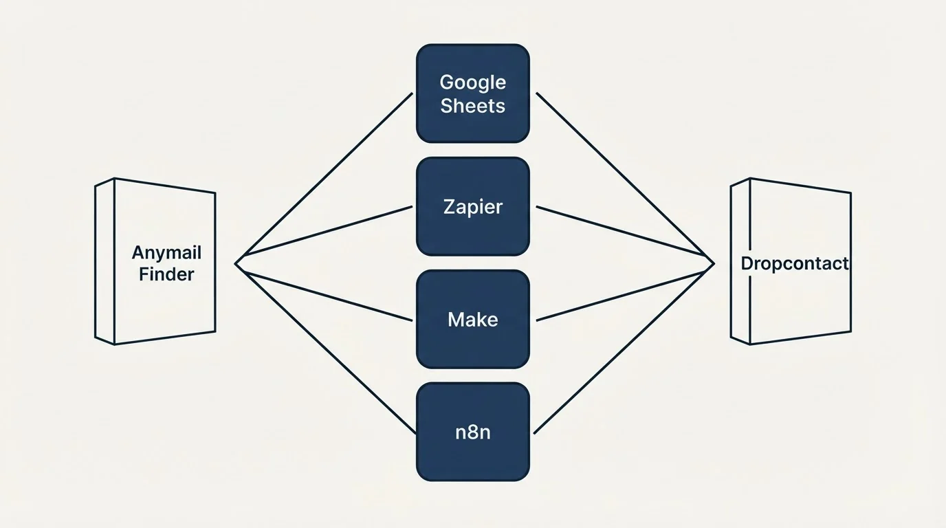Integration flow: Integration Ecosystem (Anymail Finder, Dropcontact, Google Sheets, Zapier)