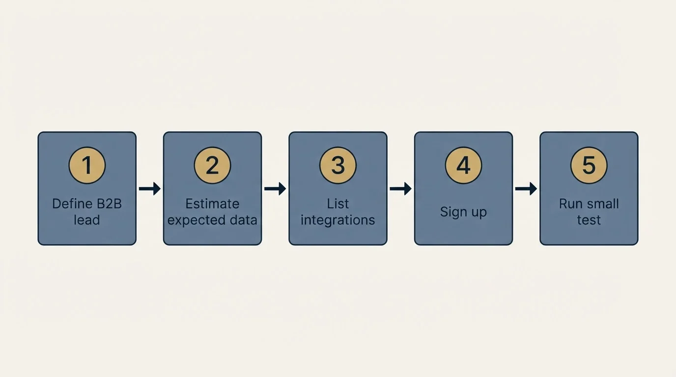 Step sequence: Getting Started Checklist (Define B2B lead, Estimate expected data, List integrations, Sign up)