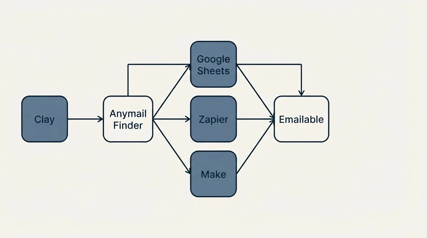 Integration flow: Integration Ecosystem (Anymail Finder, Emailable, Google Sheets, Zapier)