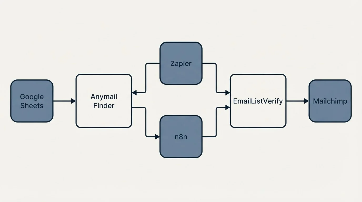 Integration schematic: Integration Ecosystem (Anymail Finder, EmailListVerify, Zapier, n8n)