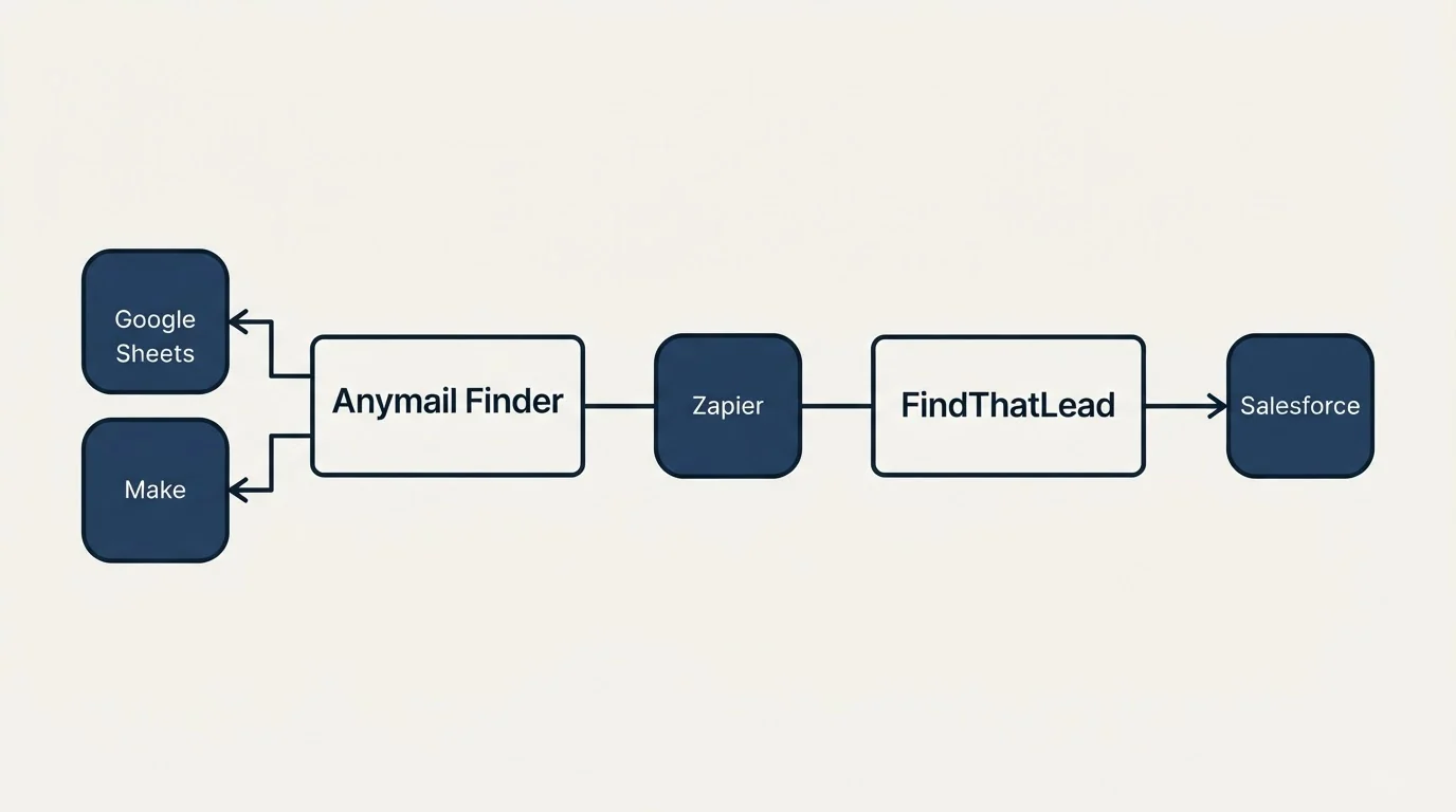 Integration flow: Integration Ecosystem (Anymail Finder, FindThatLead, Zapier, Google Sheets)