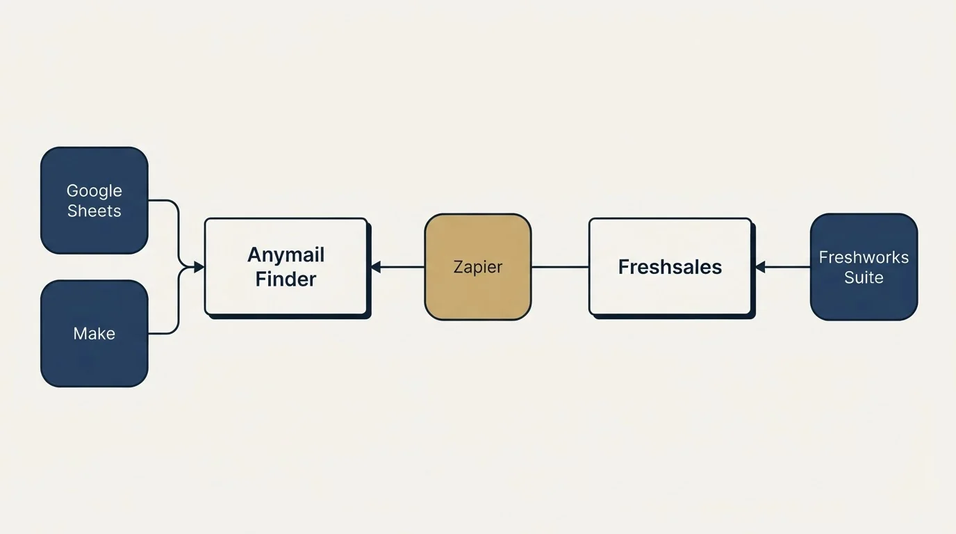Integration schematic: Integration Ecosystem (Anymail Finder, Freshsales, Zapier, Google Sheets)