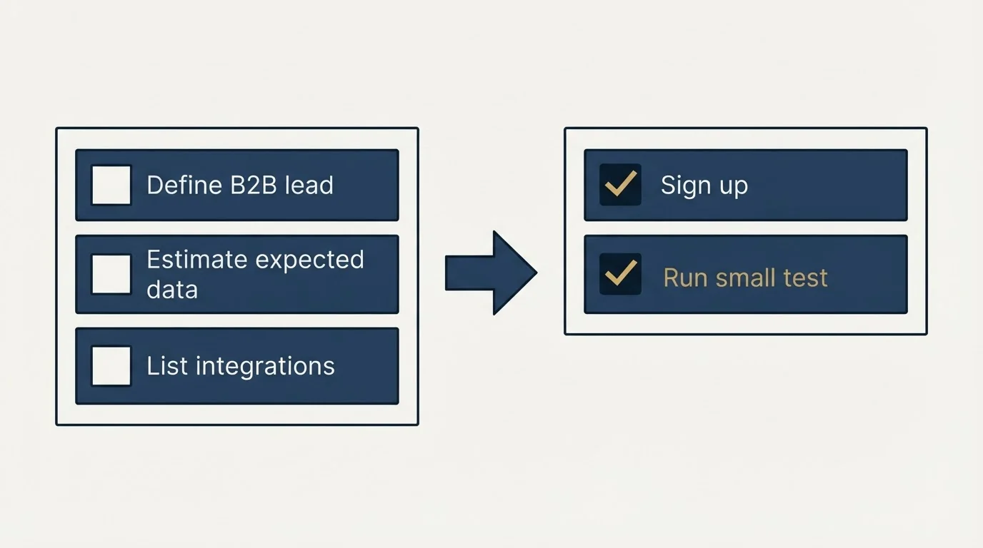 Before-and-after steps: Getting Started Checklist (Define B2B lead, Estimate expected data, List integrations, Sign up)