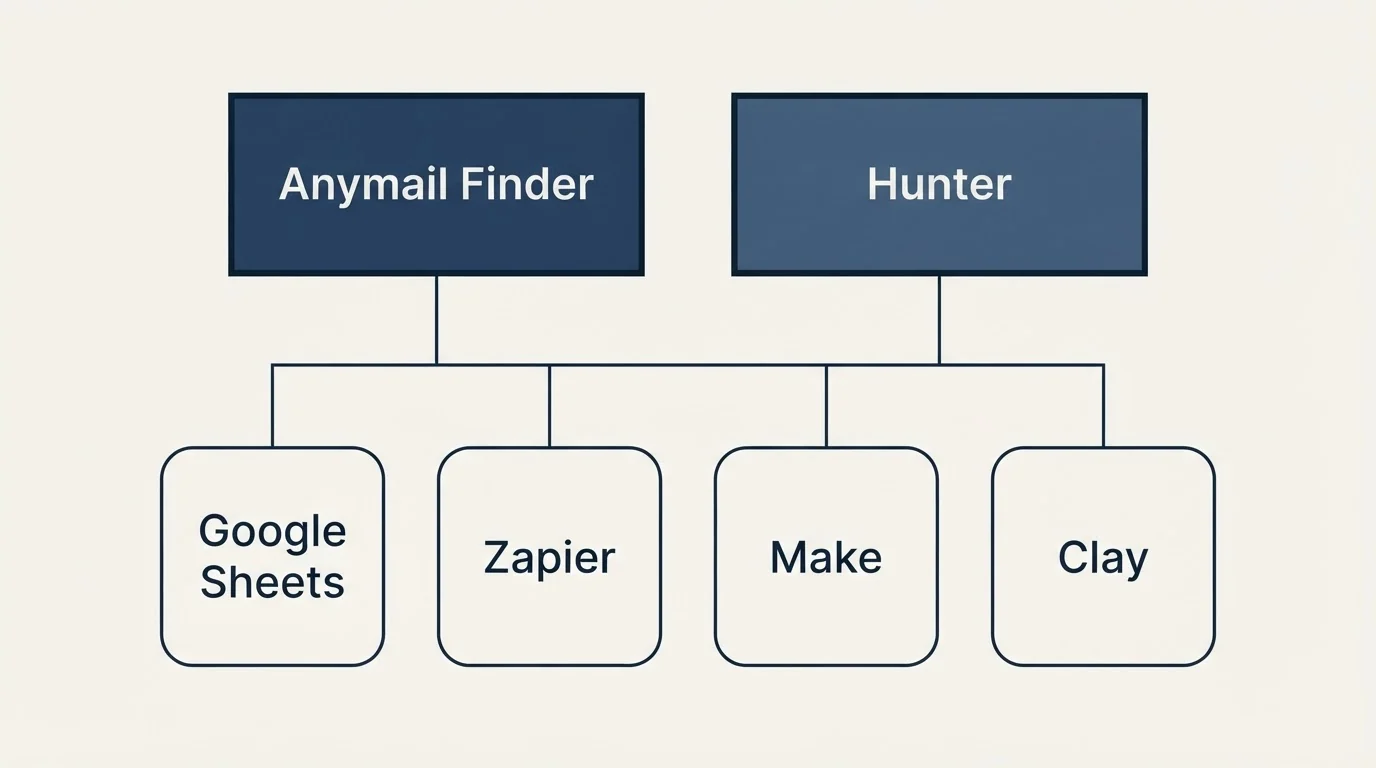 Integration grid: Integration Ecosystem (Anymail Finder, Hunter, Google Sheets, Zapier)