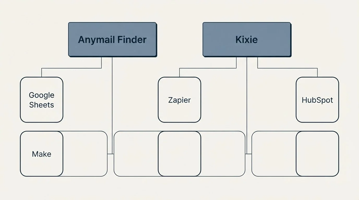 Integration grid: Integration Ecosystem (Anymail Finder, Kixie, Zapier, Google Sheets)