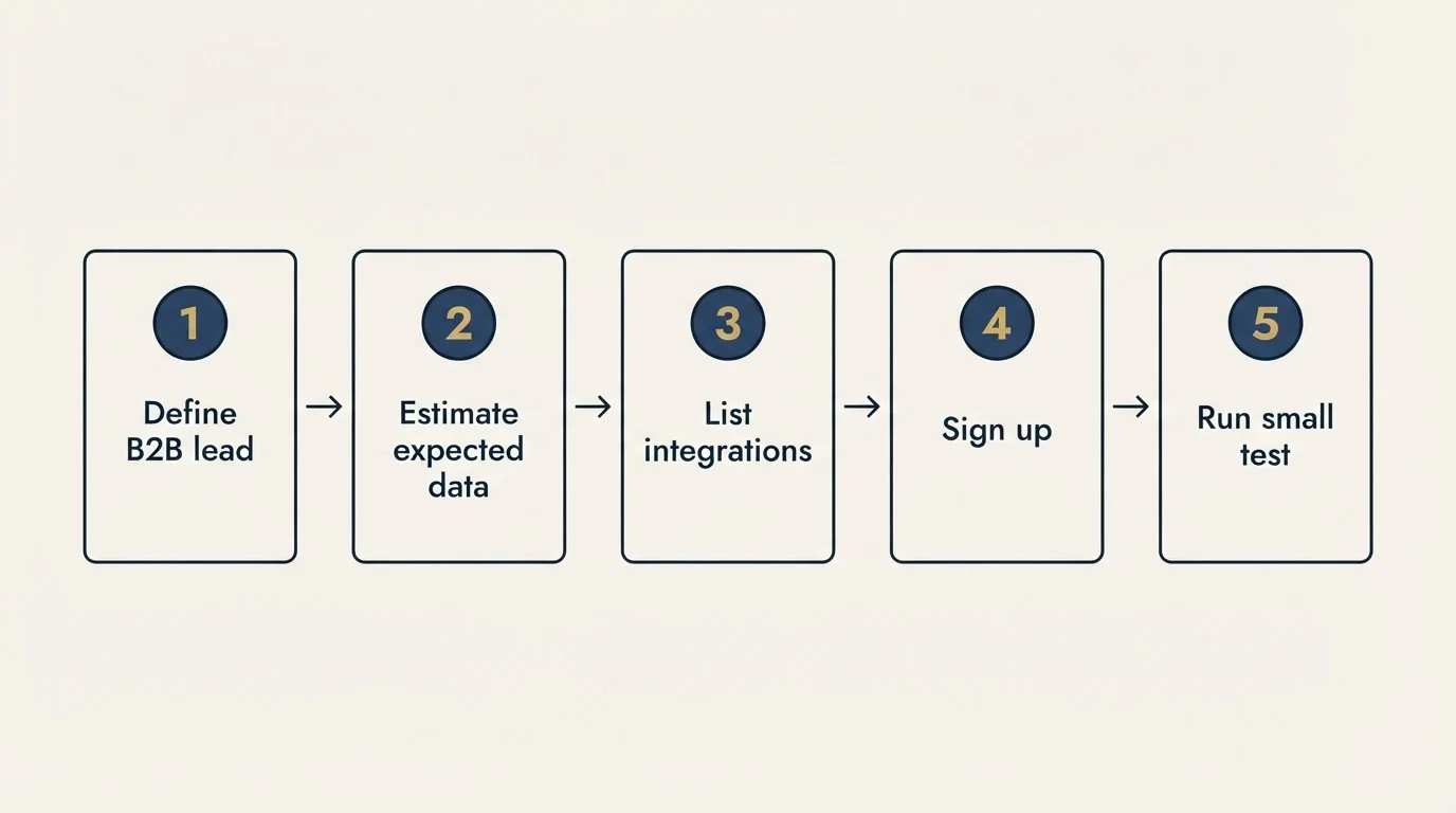Step sequence: Getting Started Checklist (Define B2B lead, Estimate expected data, List integrations, Sign up)