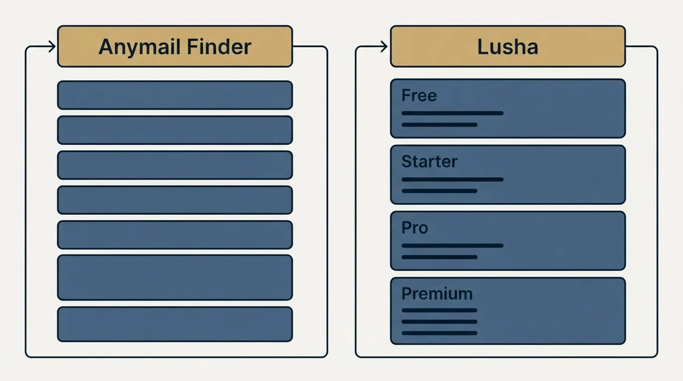 Pricing panels: Pricing Comparison (Anymail Finder, Lusha, Free, Starter)