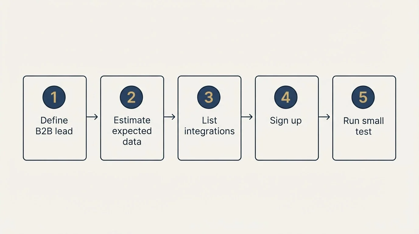 Step sequence: Getting Started Checklist (Define B2B lead, Estimate expected data, List integrations, Sign up)