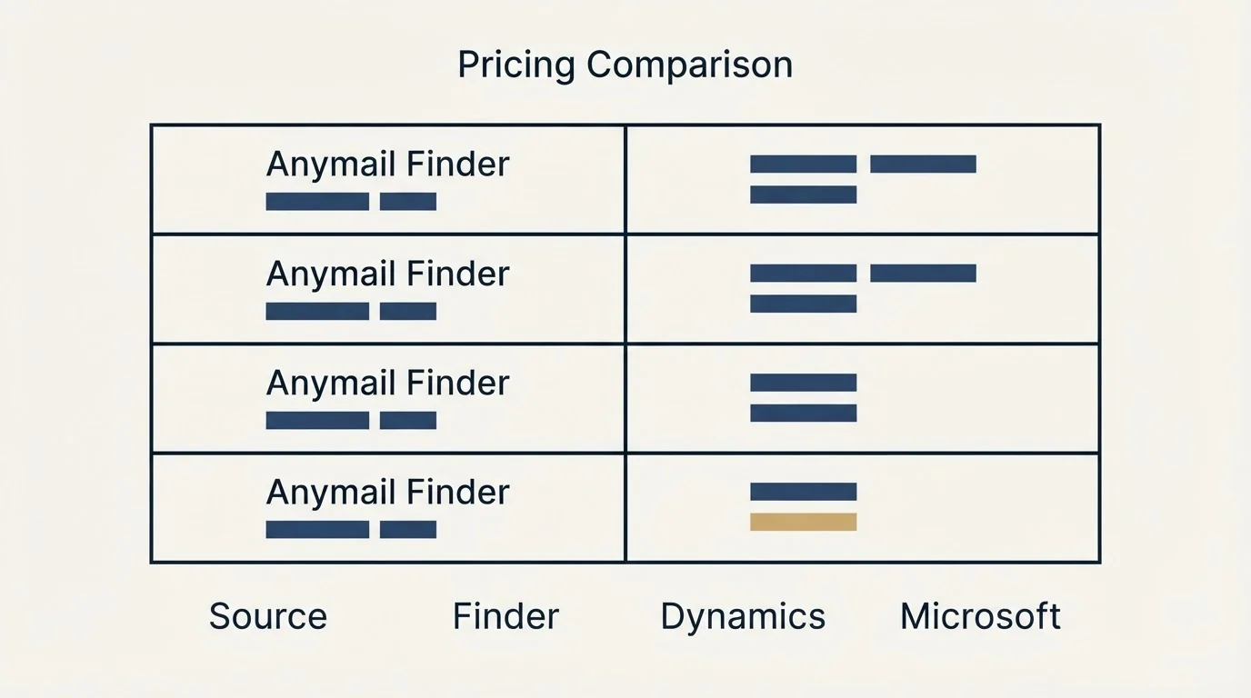 Pricing table: Pricing Comparison (Anymail Finder, Source, Finder, Dynamics)
