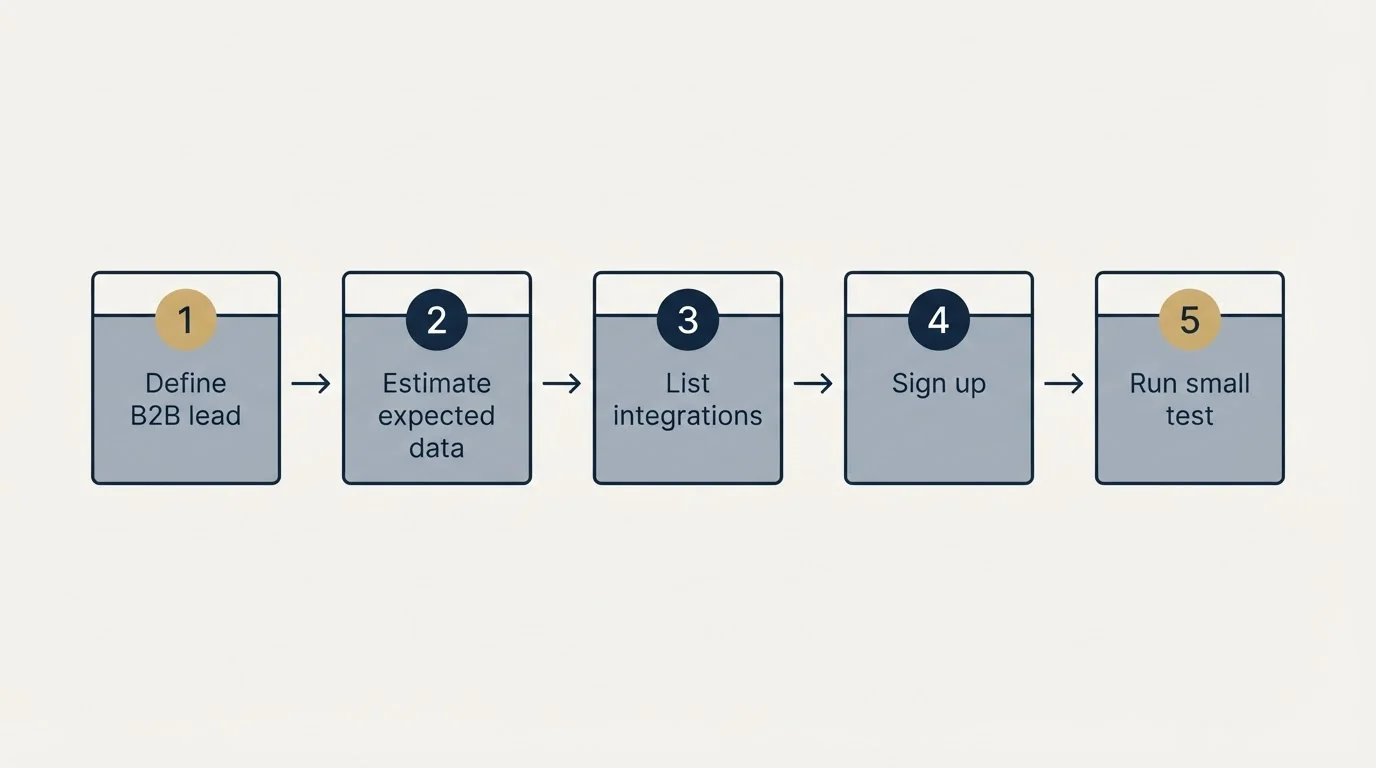 Step sequence: Getting Started Checklist (Define B2B lead, Estimate expected data, List integrations, Sign up)